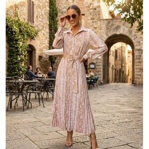 LUCIE PARIS Pleated Midi Dress XS Snakeskin Print Long Sleeve Belted Button Up